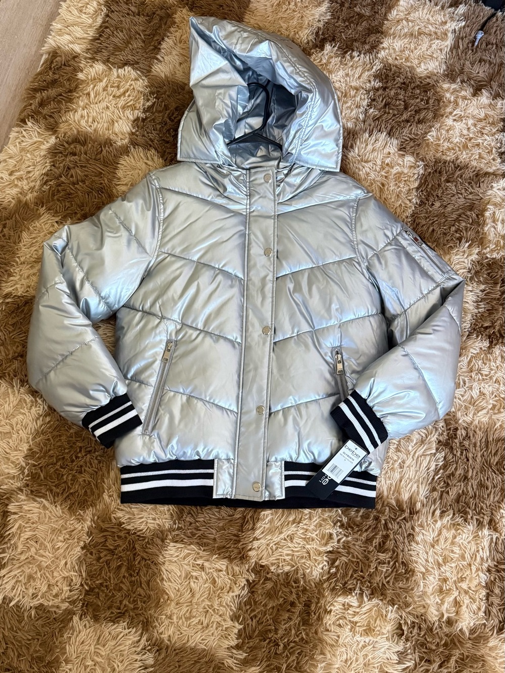 Women’s Metallic BeBe Silver Puffer Jacket with Hood
